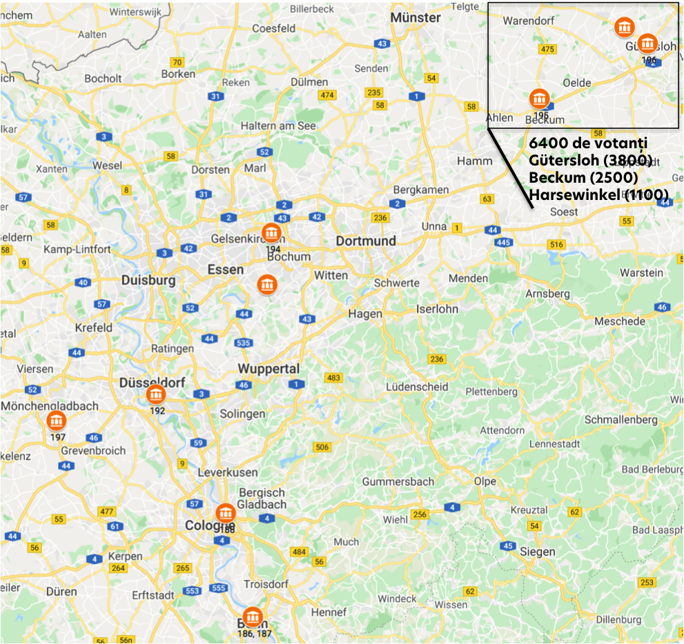 Harta secțiilor de votare din 2019 pentru alegerile prezidențiale din România în landul german Renania de Nord-Westfalia unde au votat 22000 de români; din aceștia, 6.400 au votat la cele trei secții din zona Gütersloh/Warendorf.