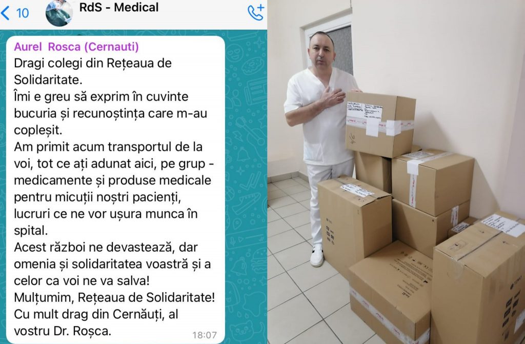 Dr. Aurel Roșca, directorul medical al Spitalului Orășenesc din Cernăuți alături de cutii cu donații de materiale medicale venite din România